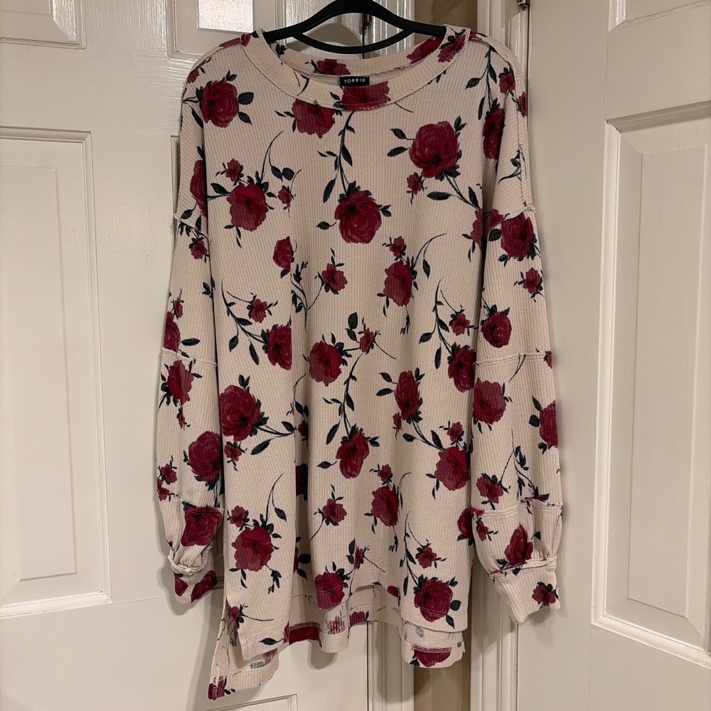 Torrid Womens Relaxed Floral Waffle Knit Top Cream Red 0 XL Cotton Long Sleeve